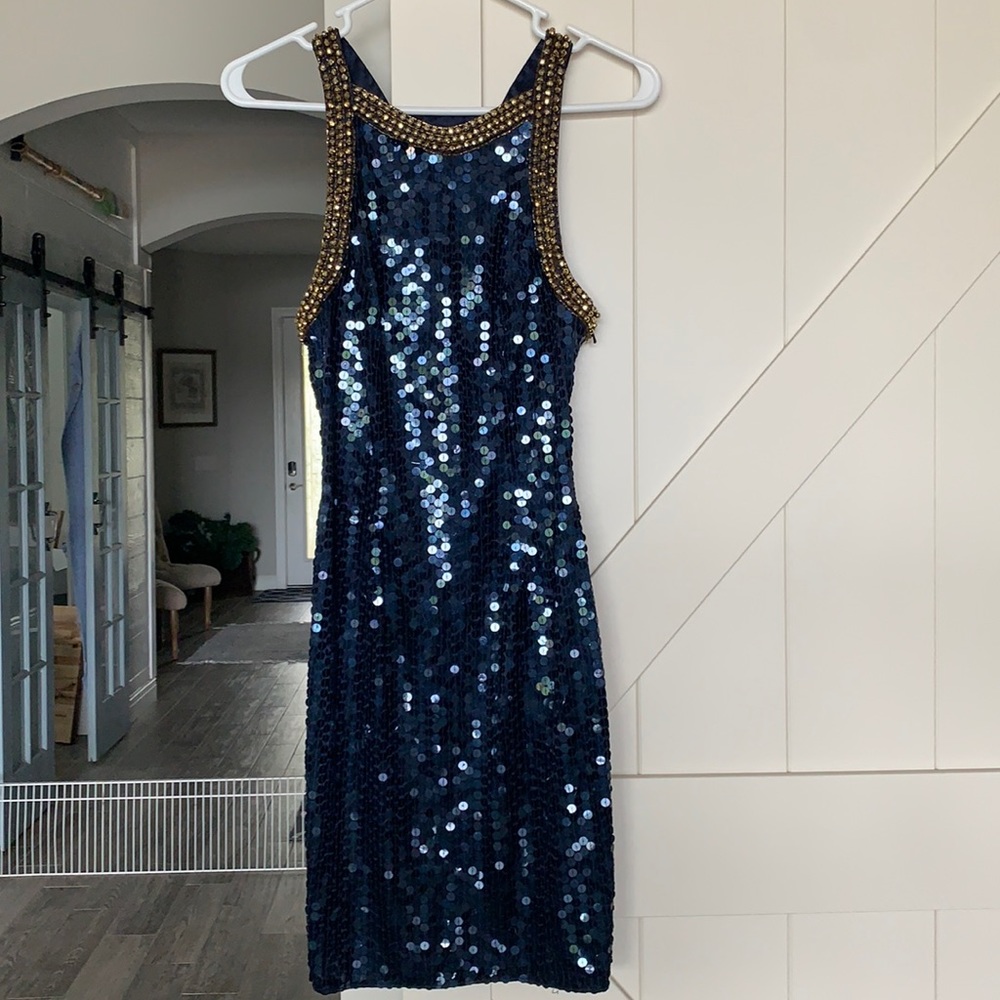 Niteline navy blue sequins with gold beads cocktail dress
